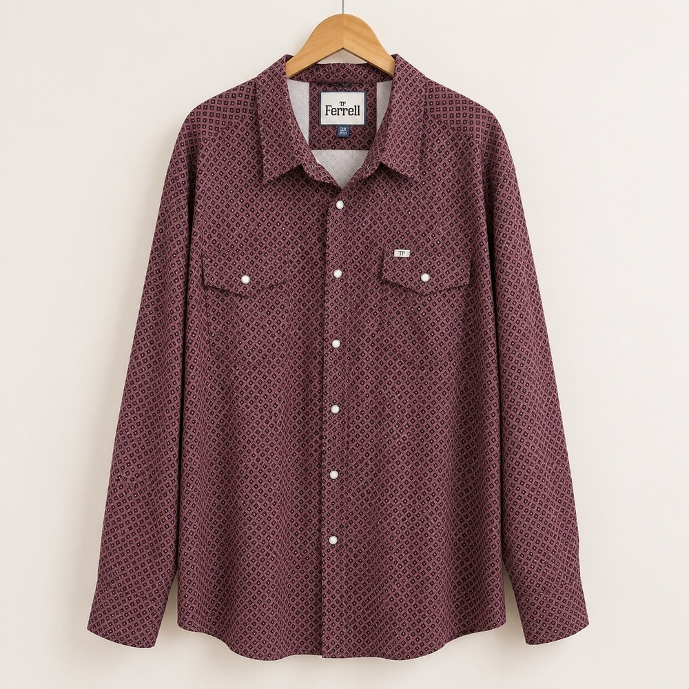 Ferrell Geometric Snap Western Shirt Men 3XL Burgundy Maroon Long Sleeve Stretch